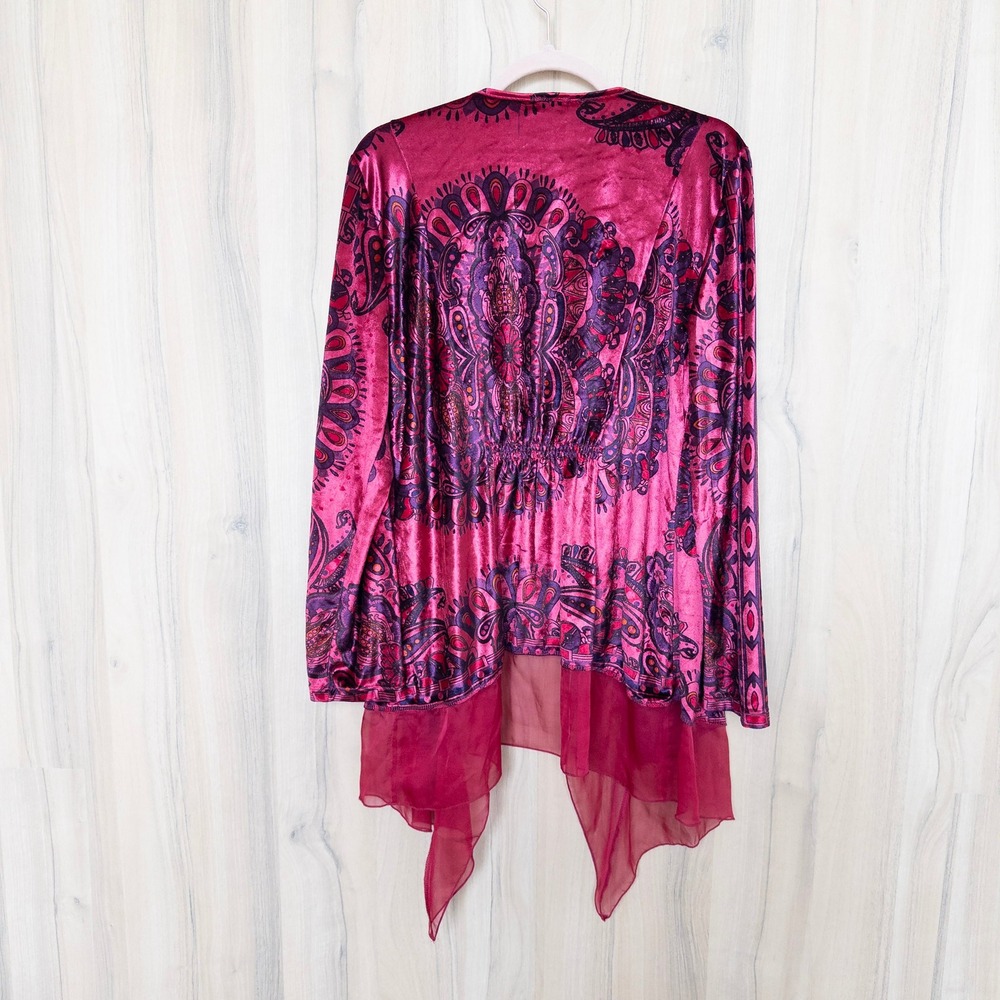 Womens Velvet Cardigan L Pink Paisley Sheer Trim Open Front Boho Festival Artsy - Picture 7 of 8